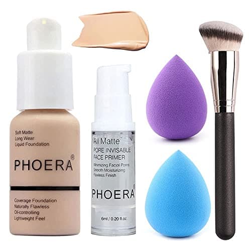 Image of 5PCS Liquid Foundation Set - Matte Liquid Full Coverage Foundation with Face Primer, Brush, Makeup Sponge Makeup Set (#102)