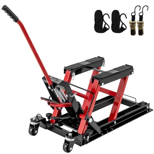 Image of HOMFME 680 kg Hydraulic Motorcycle Lift Jack, Motorbike Lifting Stand with 3-Level Height Adjustable Platform, Wheels, Heavy Duty Motorcycle Jack Lift Table Hoist Stand for ATV UTV Quad (Red)