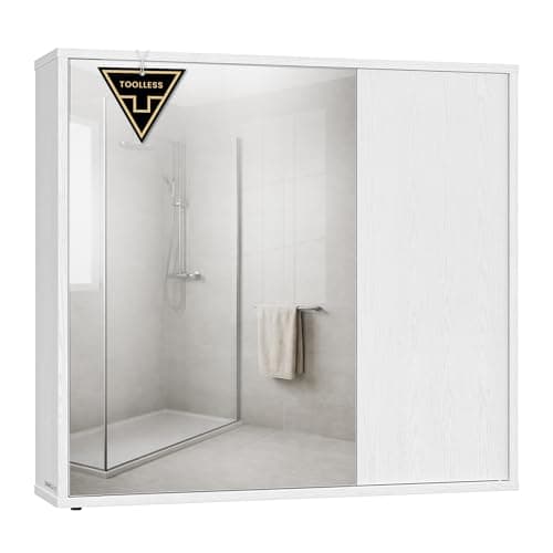 Image of SONGMICS HOME Bathroom Mirror Cabinet, Superfast Toolless Assembly, Bathroom Mirror with Storage, Adjustable Shelves, and Doors, Modern, 15 x 60 x 55 cm, Snow White BBC114WE01