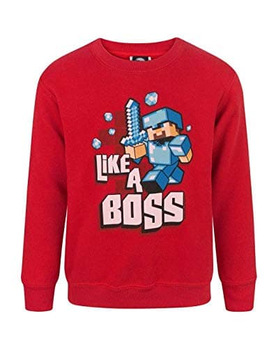 Image of Minecraft Like A Boss Steve Boy's Red Long Sleeve Sweatshirt Jumper