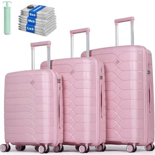 Image of Tavoxda 3 Piece Luggage Sets PP Hardshell Lightweight Suitcase Sets with 4 Durable Spinner Wheels Travel Trolley Suitcase with TSA Lock Hold Luggage-20’’+24’’+28’’, Pink