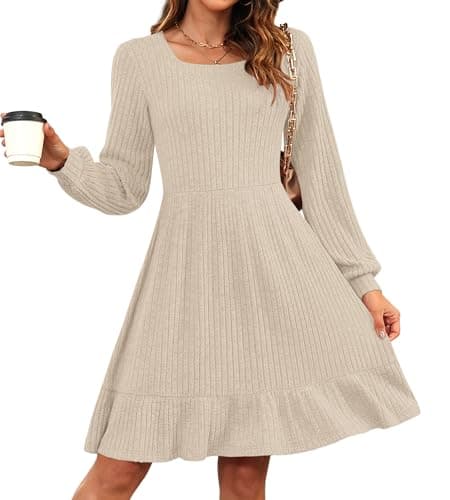 Image of AUSELILY Jumper Dress for Women UK Autumn Winter Knitted Elegant Dress Long Sleeve Sweater Dresses Apricot