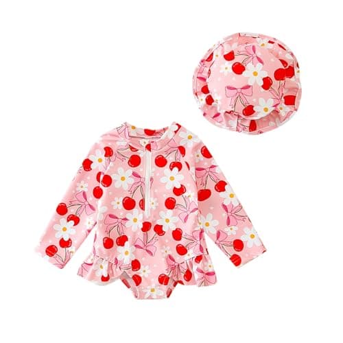 Image of Nicoxijia Baby Girls Long Sleeve One Piece Swimming Costume Zipper Swimsuit Swimwear Bathing Suit Rash Guard with Sun Hat Set (Pink, 9-12 Months)