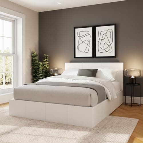 Image of GFW Classic Leather Upholstered Ottoman Storage Bed, Gas End Lift & Under Bed Storage, King Size, Faux Leather, White