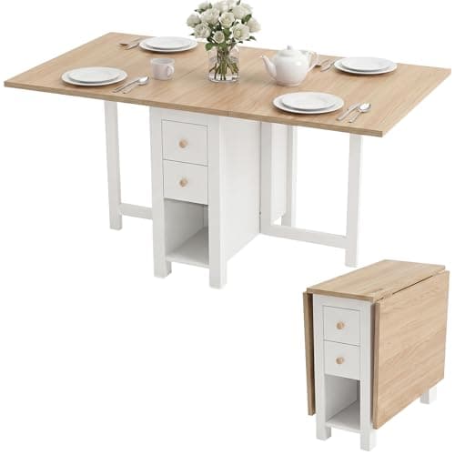 Image of Blisswood 150cm Drop Leaf Dining Table for 4–6 Seater, Foldable Extendable Kitchen Table with 2 Drawers & Storage Shelves, Space Saving Painted Wooden Folding Table for Apartment & Dining Room, White