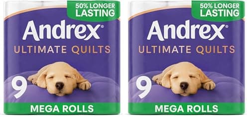 Image of Andrex Supreme Quilts Mega Toilet Roll - 9 Mega Rolls (13.5 Standard), 3-ply, 25% Thicker Paper Than Before to Provide Ultimate Quilted Comfort (Pack of 2)