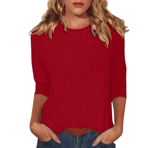 Image of Tee Shirts for Women UK Womens Lightweight Solid Color Tops 3/4 Sleeve Casual Gym Fashion Daily T-Shirts Ladies Summer Round Neck Blouses 05-Red S