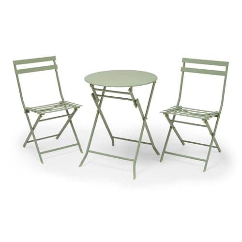 Image of VonHaus Folding Bistro Set for 2 - Sage Green 3 Piece Garden Table and Chairs Set - Weather Resistant Durable Reinforced Steel Frame for Outdoors, Balcony and Patio Furniture - Ravello