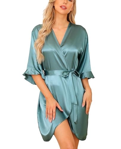 Image of Wikoan Women's Satin Robe Summer Silk Dressing Gowns Soft Wedding Party Bathrobe 3/4 Sleeve Sleepwear with V-Neck,Grey green,L