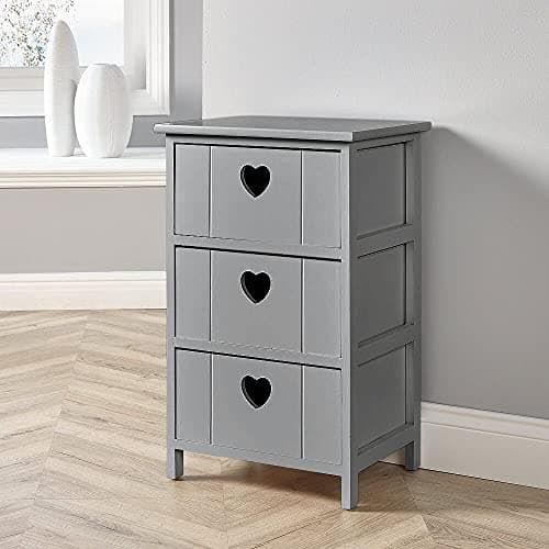 Image of Home Source Chest of Drawers, Wooden Storage Unit Bedroom Organiser Bedside, Love Heart Design, 3 Drawer, Grey
