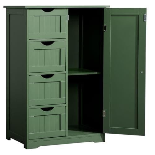 Image of Bonnlo Bathroom Floor Storage Cabinet Cupboard, Bathroom Storage Unit with 4 Drawers & 1 Door - Adjustable Shelf, Bathroom Cabinet Freestanding for Living Room Kitchen Hallway, 56x30x80cm,Forest Green
