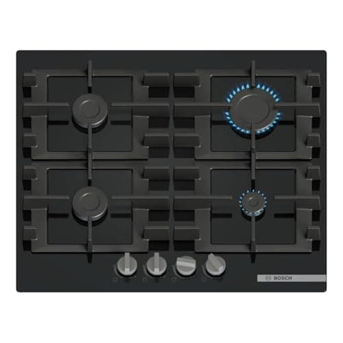 Image of Bosch, Series 4, PNP6B6K40, 60cm Gas Hob with 4 burners, Front control, 4 Dishwasher suitable cast iron pan supports, new standard sword dials, Tempered Glass