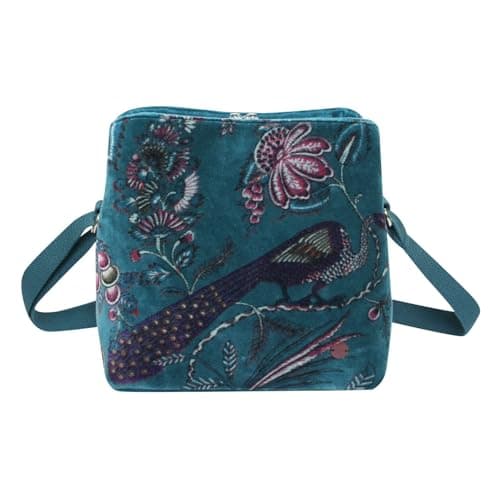 Image of Logan Printed Velvet Boho Shoulder Bag, Floral Design, Adjustable Strap, 30 x 24 x 10 cm, Black/Teal/Plum (Teal)