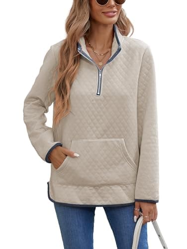 Image of iChunhua Cream Jumpers for Women Uk Comfy Half Zip Top Autumn Winter V Neck Ladies Sweatshirts Without Hood Beige S