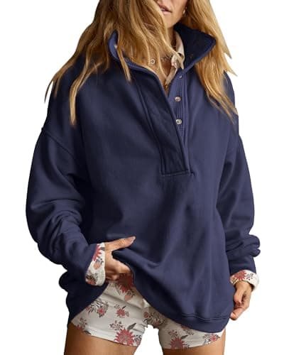Image of Gacaky Sweatshirt for Women Oversized Casual Long Sleeve Button Henley Neck Pullover Tops Fashion Outfits Clothes, Navy, S