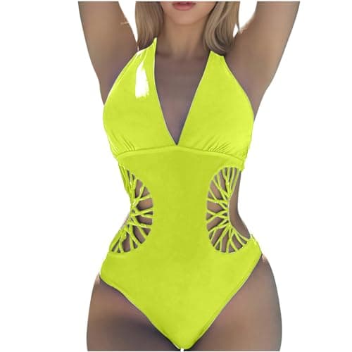 Image of One Piece Swimsuits for Women Sexy Halter Neck Tummy Control Swimwear High Cut Plain Monokini Push Up Hollow Out Holiday Bikini Beach Surfing Bathing Suit Swimming Costumes Ladies UK Yellow