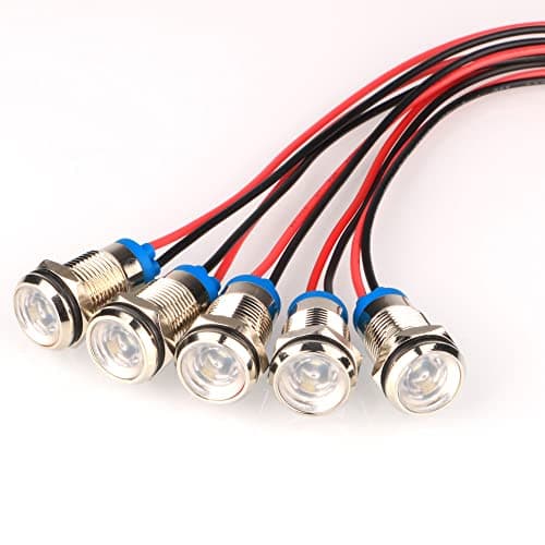 Image of Gebildet 5pcs White AC/DC 12-24V Energy-Saving LED Metal Indicator Light Waterproof Signal Lamp with Wire(10mm)