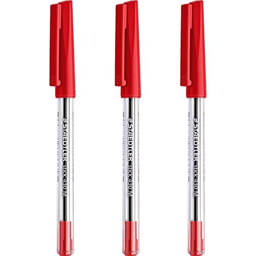 Image of STAEDTLER Medium 0.5mm 430 Stick Ballpoint Pens Writing Pen Smooth - Red Ink - Pack Of 3