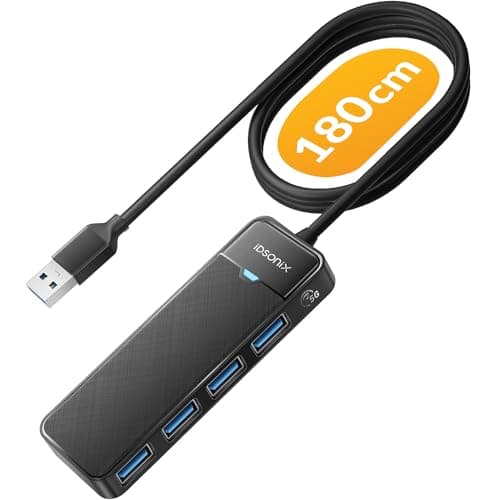 Image of iDsonix USB 3.0 Hub w/Extended 180cm Long Cable, 4 Port USB Hub 3.0 Ultra Slim USB Splitter Multi USB Port adapter, USB Extension Hub Multiport Adapter for Laptop,PC,MacBook,USB Flash Drives, Black