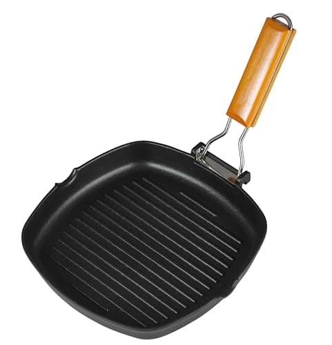 Image of Innovacook 24cm Induction Griddle Pan with Folding Wooden Handle – Cast Aluminium Non-Stick Grill Pan for Gas & Induction Hobs – Ideal for Camping, BBQ, Steak, Burgers