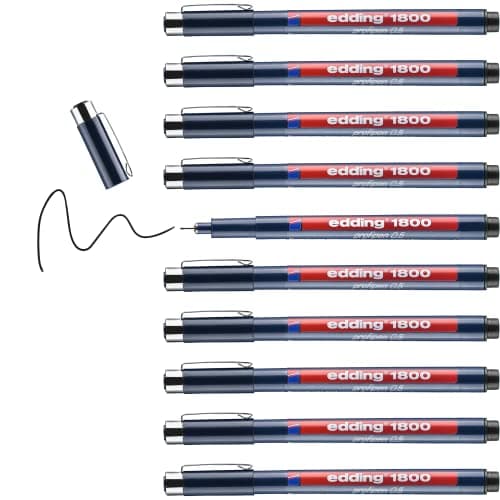 Image of edding 1800 profipen - black - 10 pens - line width 0.5 mm - fineliner pen for precise writing, sketching and technical drawing - fine, metal-encased nib - suitable for use with rulers and stencils