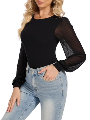 Image of SHAPERIN Long Sleeve Bodysuit for Women Elegant Crew Neck Lantern Sleeve Blouse Top Slim Fit Body Suit, Black, S