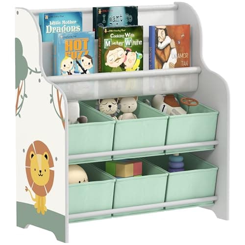 Image of AIYAPLAY Kids Storage Unit, Toy Organiser with 6 Fabric Drawers and 2-Tier Sling Book Rack for Bedroom, Playroom, Nursery, Green