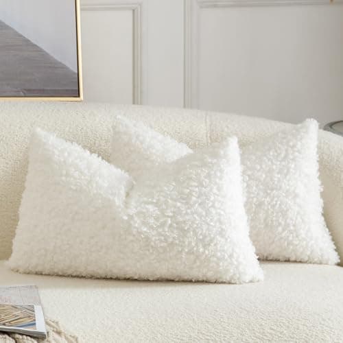 Image of YAERTUN Pack of 2 Faux Fur Cushion Covers Decorative Sherpa Boucle Throw Pillow Covers Fuzzy Soft Sheepskin Fleece Pillowcases for Couch Sofa Bed Living Room 12x20 Inch 30x50cm Cream White