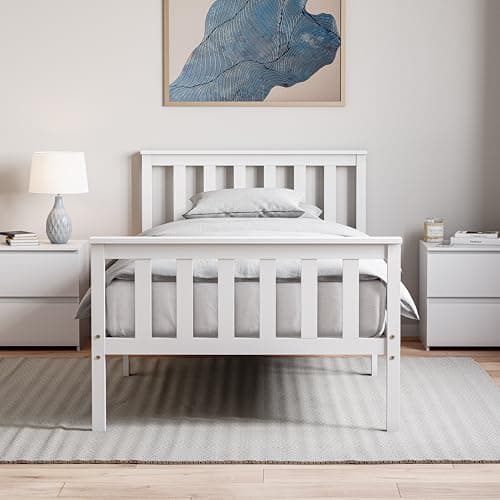 Image of Vida Designs Milan Single Bed, 3ft, Bed Frame, Solid Pine Wood, Headboard, High Foot End, Bedroom Furniture, White…