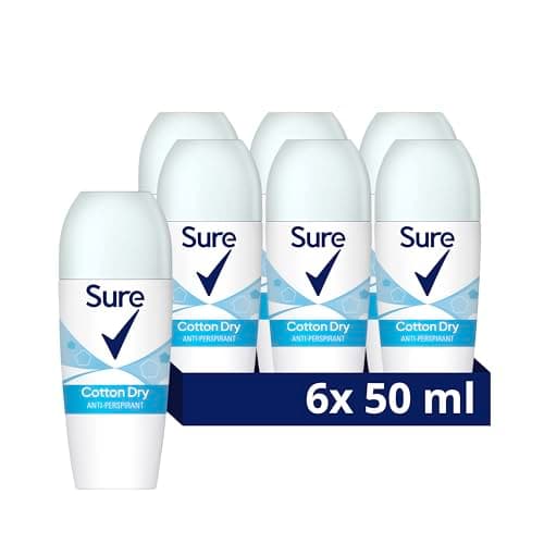 Image of Sure Cotton Dry Women's Deodorant with a clean fragrance inspired by fresh cotton sheets Anti-Perspirant Roll On and 48 hour sweat and odour protection 50 ml, Pack of 6
