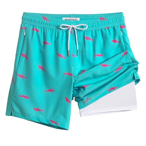 Image of MaaMgic Mens Swimming Shorts with Compression Liner Men's Swim Trunks 2 in 1 Quick Dry Stretchy Board Shorts with Zipper Pockets Shark Acid Blue