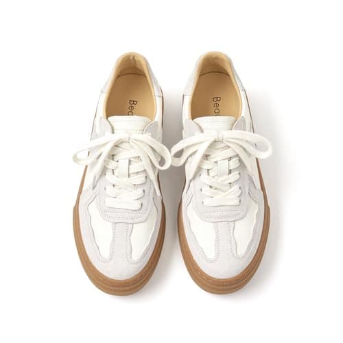 Image of BEAU TODAY Fashion Sneakers Women,Leather Lace Up Platform OG Sneakers,Retro Comfortable Casual Tennis Walking Runnig Trainer Shoes, Beige, 3 UK
