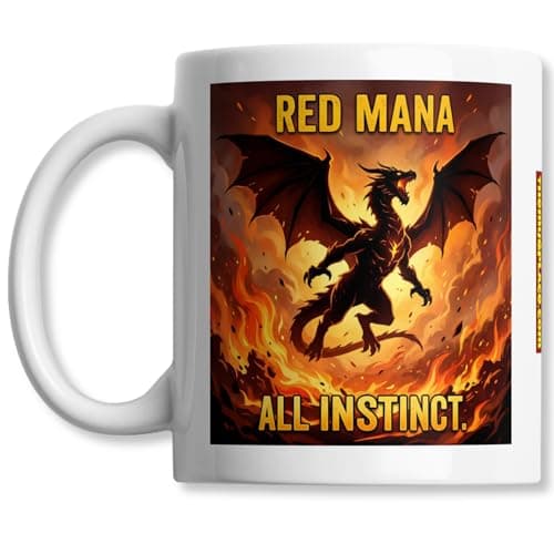 Image of Tabletop Gamer Gift: Red Mana Dragonborn Mug - ALL INSTINCT - Fast-Strike Predatory Game Night & Controller Table Coffee Cup - 11oz Ceramic