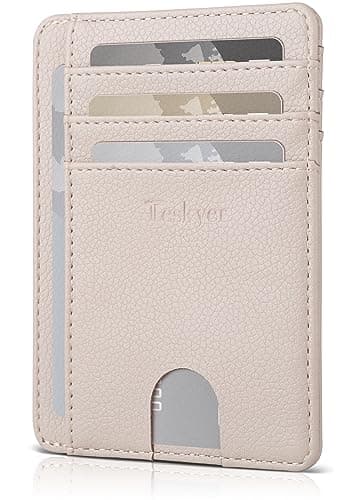 Image of Teskyer Card Holder Wallet, Slim Credit Card Wallets, Minimalist, RFID Blocking, 1 ID Window, Holds up to 8 Cards, Beige