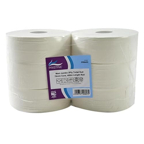 Image of Pristine Maxi Jumbo White Toilet Tissue, 2-Ply, 76mm Core, 400m Length, Soft to Touch 100 Percent Recycled Pulp Tissue, CHSA and FSC Accredited, UK Made (Case of 6 Rolls)