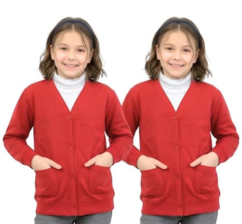 Image of GW CLASSY OUTFIT Girls School Cardigan (Pack of 2) Kids Fleece Schoolwear Button Cardigan Uniform Sweatshirts Age 4 5 6 7 8 9 10 11 12 13 14 Years (7-8 Years, 2X Red)