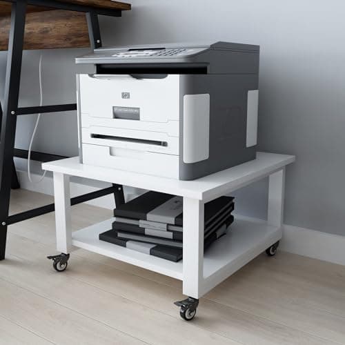 Image of PUNCIA 2-Tier Movable Laser Printer Copier Stand Cart 50x50x32cm Under Desk Heavy Duty Rolling Table with Storage Floor-Standing Holder on Wheels Fax A4 Paper Organizer Shelf for Home Office White