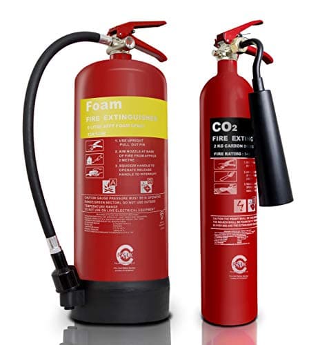 Image of Workplace Fire Extinguisher Set. 6 LTR Foam + 2 KG CO2 Fire Extinguishers. CE and British Standard with ID Signs. Ideal for Homes Kitchen WORKSHOPS Warehouses GARAGES Hotels Restaurants