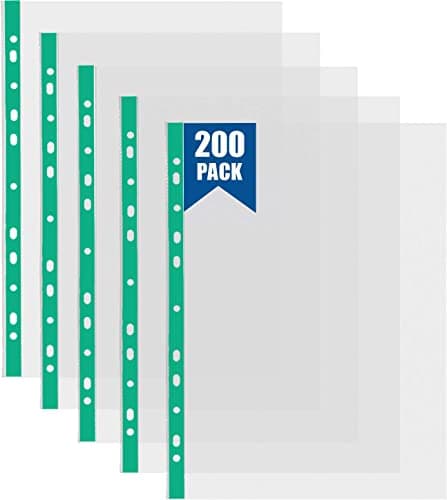 Image of 200 Pcs Plastic Wallets A4 Punched Pockets A4 Clear 60 Micron Strong Plastic Wallet Sleeves, Top Opening Poly Pockets for Ring Binder Folders, Green Edge
