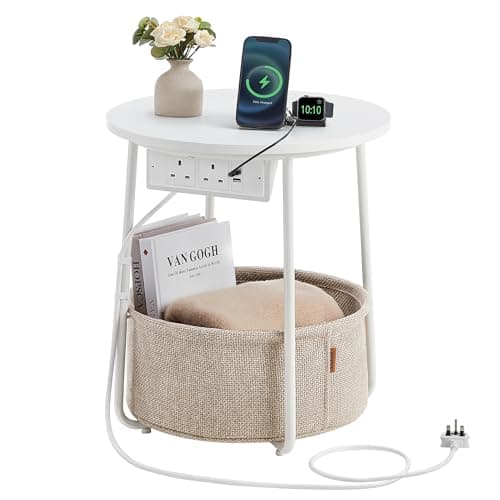 Image of VASAGLE Side Table with Charging Station, Round End Table with Power Outlets, USB Ports, Fabric Basket, Living Room, Bedroom, Bedside Table, Modern, Matte White and Camel Brown LET228W03