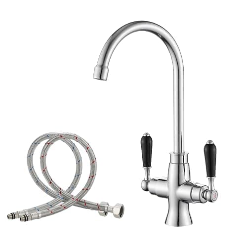 Image of Haiba Kitchen Mixer Tap Chrome 1 Hole Brass Material Black Ceramic Dual Lever Monobloc Gooseneck High Arch 360 Swivel Hot and Cold Sink Taps Deck Mount for Kitchen with UK Standard Fittings