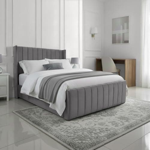 Image of Small Double Size Upholstered Ottoman Gas Lift Bed Frame in Plush Grey Fabric - Strong Structure, Easy to Clean, Ample Storage Space, Includes Option for Mattress - Functional Bedroom Solution