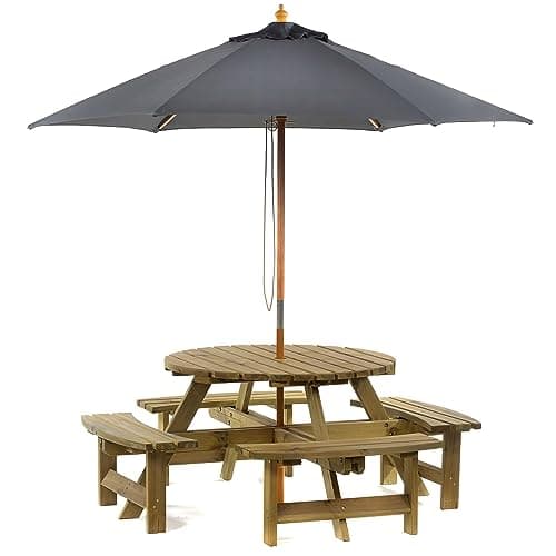 Image of BrackenStyle Picnic Pub Bench 8 Seater Round Wooden Garden Patio Table Thick Timbers With Parasol (Dark Grey)