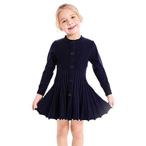 Image of SMILING PINKER Kids Girls Pleated Dress Long Sleeve Button Down School Knitted Sweater Dresses(Navy Blue,5-6 Years)