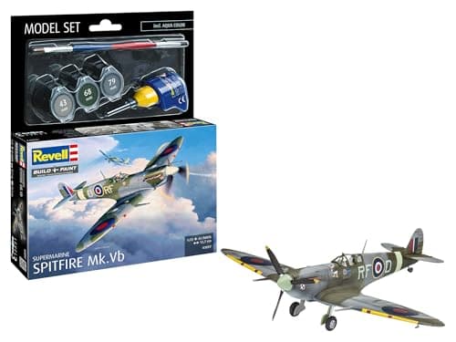 Image of Revell Model Set 63897 Supermarine Spitfire Mk.Vb 1:72 Scale Unbuilt/Unpainted Plastic Model Kit with Contacta Professional Glue, Paintbrush & Selected Aqua Color Paints