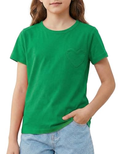 Image of Spring&Gege Girls T-Shirt with Heart Pocket, Cotton Love Tops for Girls, Casual Round Neck Short Sleeve Tee Summer for School Gym Neon Party Performance(Green,11-12 Years)