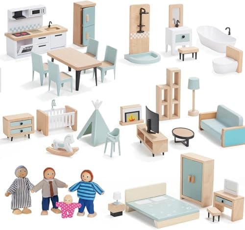 Image of Giant bean Wooden Dollhouse Furniture Set, 36pcs Furnitures with 4 Family Dolls, Dollhouse Accessories Pretend Play Furniture Toys for Boys Girls & Toddlers 3Y+