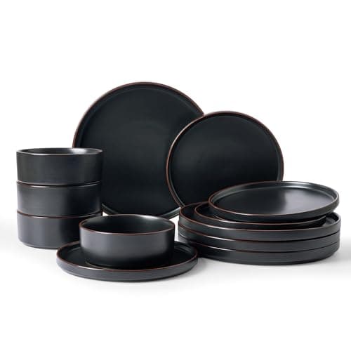 Image of Richmount Halo Plates and Bowls Set, 12 Pieces Dinner Set for 4, Stoneware Dinnerware Sets with Dinner Plates/Salad Plate/Cereal Bowls, Dishwasher & Microwave Safe, Black