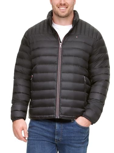 Image of Tommy Hilfiger Men's Ultra Loft Packable Puffer Jacket Down Alternative Coat, Black W/Patch, XL Tall