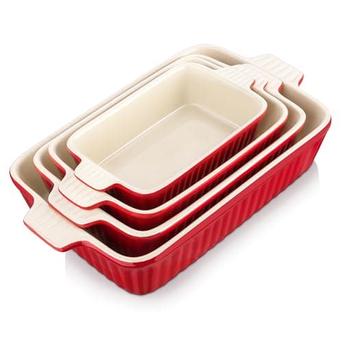 Image of MALACASA, Series Bake, Rectangular Baking Dish Set of 4 (9"/11"/12"/14"), Oven to Table Baking Dish with Ceramic Handles Ideal for Lasagne/Pie/Casserole/Tapas, Red